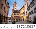 Wangen, germany, august 17, 2023. Wangen im allgau at twilight with st. Martin's church tower and historic cobblestone streets bathed in warm evening lights 137215937