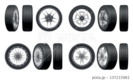Car tires of rubber with disks. Vector realistic isolated set of tires in different positions. Automobile wheels and maintenance. Truck or vehicle repairing and replacement for next season Car tires of rubber with disks. Vector realistic isolated set of tires in different positions. Automobile wheels and maintenance. Truck or vehicle repairing and replacement for next season 137215961