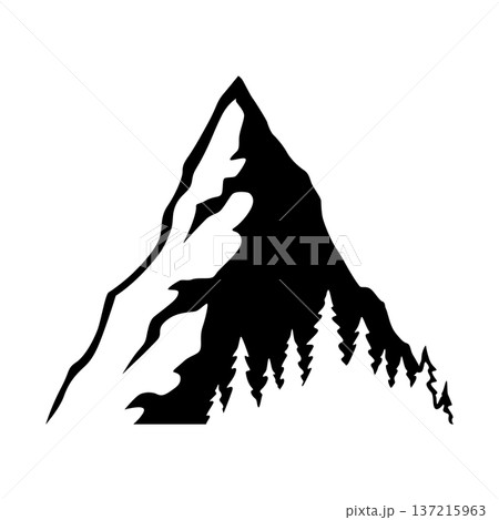 Black mountain, hill and rock silhouette. Vector rocky range and ridge with snow peaks and tops. Mountain nature landscape silhouette, hiking sport, tourism, outdoor adventure and camping themes Black mountain, hill and rock silhouette. Vector rocky range and ridge with snow peaks and tops. Mountain nature landscape silhouette, hiking sport, tourism, outdoor adventure and camping themes 137215963