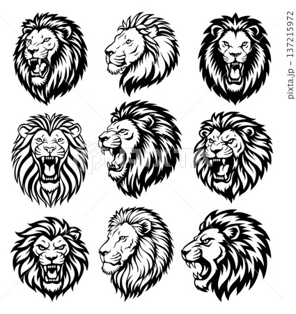 Set of angry roaring lion head icon, vector silhouette, shows power and strength 137215972