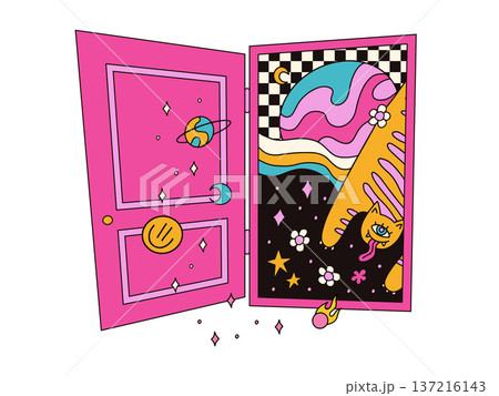 Isolated Psychedelic trippy space portal with weird cat floating in galaxy. Surreal open door vector illustration with melting planet, stars and checkerboard. Trendy hallucinogenic art for groovy 137216143