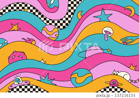 Psychedelic wavy pattern with melting planets, weird cats and UFO. Trippy space landscape with colorful retro waves and checkerboard texture. Groovy hallucinogenic background vector artwork. 137216155