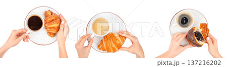 Top View Croissant and Coffee Set with Female Hands 137216202
