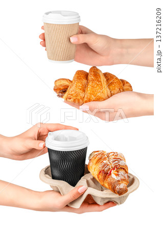 Croissant and Coffee To Go Set in Female Hands Croissant and Coffee To Go Set in Female Hands 137216209