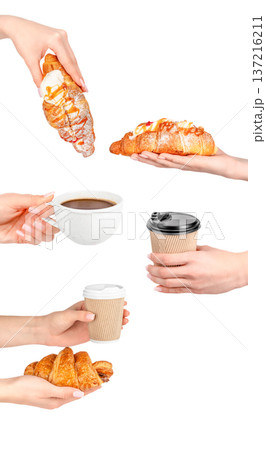 Croissants and Coffee To Go Collection in Female Hands 137216211