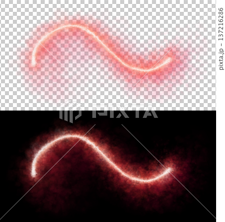 Glowing red light trail in smoke with curved wave shape on transparent background, abstract energy or magic visual effect Glowing red light trail in smoke with curved wave shape on transparent background, abstract energy or magic visual effect 137216286
