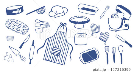 Set of hand drawn illustrations of kitchen utensils and pastry tools. Minimal blue line style, trendy aesthetic, perfect for menus, packaging, posters and social media 137216399
