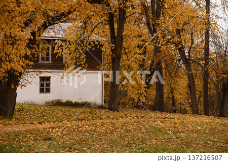 Serene Rural House With Autumn Foliage. Idyllic Rustic Cottage Amid Vibrant Autumn Trees Serene Rural House With Autumn Foliage. Idyllic Rustic Cottage Amid Vibrant Autumn Trees 137216507
