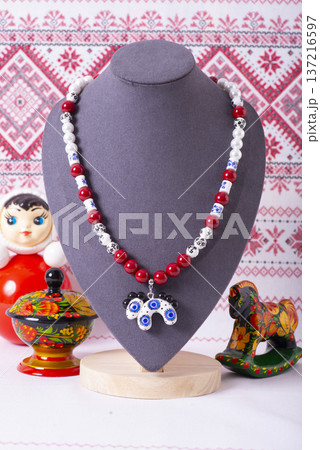 Russian symbols matryoshka, balalaika, rubles cash and flag of russian federation on wooden background. 137216597