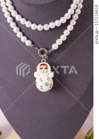 Russian symbols matryoshka, balalaika, rubles cash and flag of russian federation on wooden background. 137216619