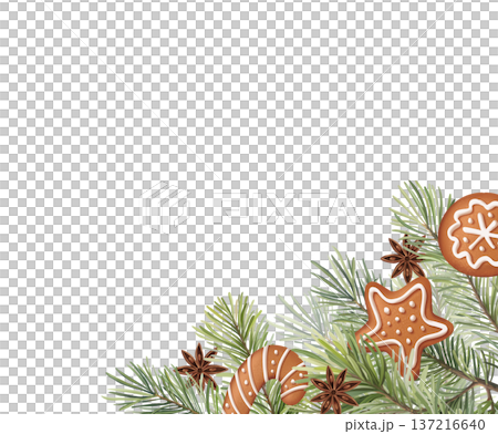 Festive corner composition with green pine branches cinnamon and gingerbread cookies Festive corner composition with green pine branches cinnamon and gingerbread cookies 137216640