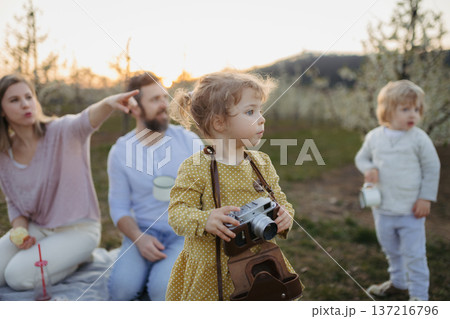 Family having picnic in spring nature, resting on picnic blanket. 137216796