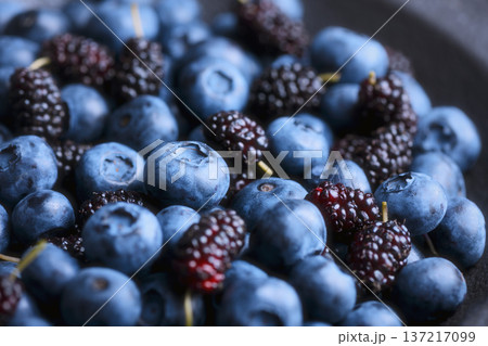 Close up of blueberries mixed with mulberries Close up of blueberries mixed with mulberries 137217099