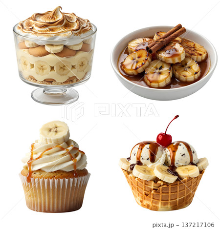 Tempting collection of banana desserts featuring banana pudding, banana cupcake, caramelized bananas, and banana ice cream, isolated for menus Tempting collection of banana desserts featuring banana pudding, banana cupcake, caramelized bananas, and banana ice cream, isolated for menus 137217106