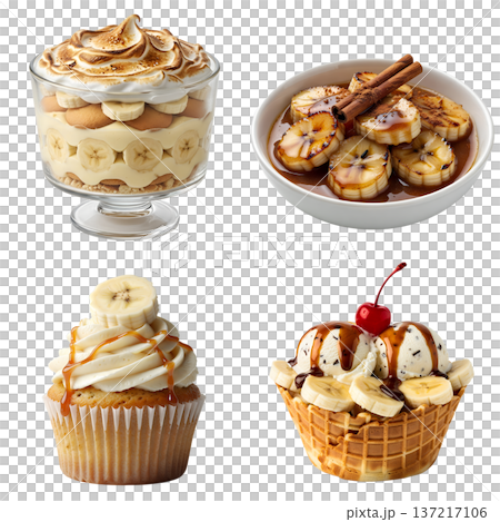 Tempting collection of banana desserts featuring banana pudding, banana cupcake, caramelized bananas, and banana ice cream, isolated for menus 137217106