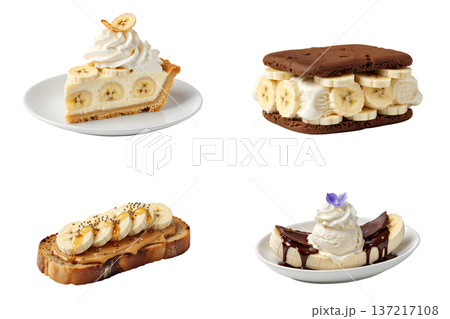 Assortment of sweet banana treats including banana ice cream, cream pie, peanut butter toast with bananas, isolated 137217108