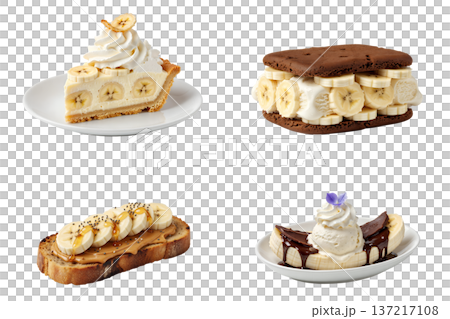 Assortment of sweet banana treats including banana ice cream, cream pie, peanut butter toast with bananas, isolated 137217108