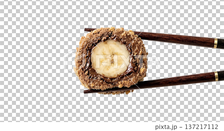 Creative dessert sushi roll made with banana, chocolate, elegantly held by chopsticks, isolated on transparent background 137217112