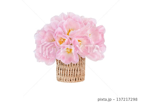 Pink artificial flowers arranged in a woven basket, showcasing a vibrant and decorative centerpiece suitable for home decor or event styling 137217298
