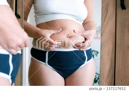 Adult woman. Unretouched body in underwear. Self image concept Adult woman. Unretouched body in underwear. Self image concept 137217652