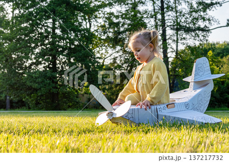 Little pilot. Airplane cardboard child costume. Fantasy game yellow grass. 137217732