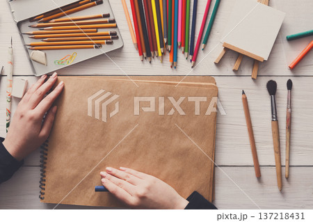 Creative artist workspace top view. Background of painting and drawing, art stationery 137218431