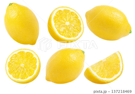 Lemons collection isolated, without shadow. Slice of lemon, whole lemon and half of lemon with clipping path no shadows. Natural look of lemon. Lemons collection isolated, without shadow. Slice of lemon, whole lemon and half of lemon with clipping path no shadows. Natural look of lemon. 137218469