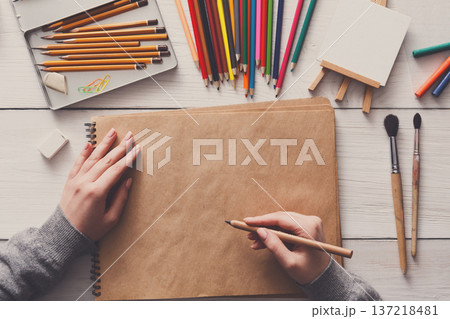 Creative artist workspace top view. Background of painting and drawing, art stationery 137218481