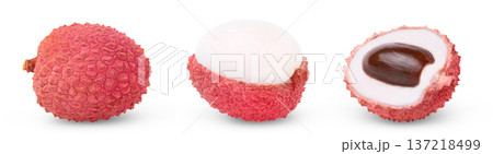 Collection of lichees isolated. Whole lychee, peeled lychee and half of lychee with seed. 137218499
