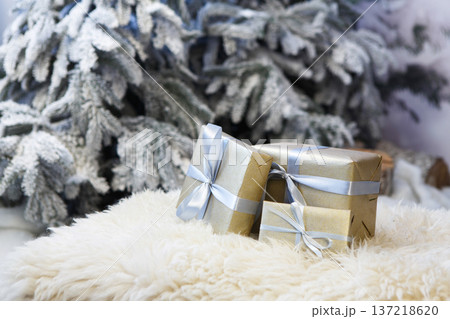 Christmas gifts decorated with silver satin ribbon bows on soft fluffy carpet at blurred snowy fir tree background, closeup, selective focus. Winter holidays concept Christmas gifts decorated with silver satin ribbon bows on soft fluffy carpet at blurred snowy fir tree background, closeup, selective focus. Winter holidays concept 137218620