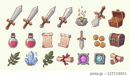 ファンタジーゲームの武器と道具のアイコン（イラスト・RPG・アイテム・素材） 137218931