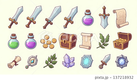 ロールプレイングゲームのアイテム素材集（イラスト・アイコン・武器・ポーション） 137218932
