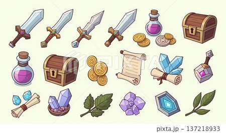 ロールプレイングゲームのアイテム素材集（イラスト・アイコン・武器・ポーション） 137218933