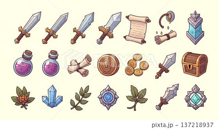 ロールプレイングゲームのアイテム素材集（イラスト・アイコン・武器・ポーション） 137218937