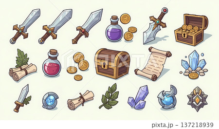 ロールプレイングゲームのアイテム素材集（イラスト・アイコン・武器・ポーション） 137218939