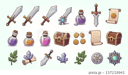 ロールプレイングゲームのアイテム素材集（イラスト・アイコン・武器・ポーション） 137218941