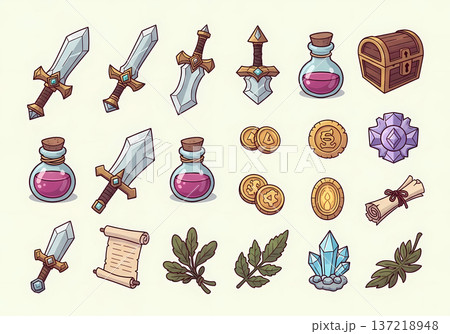 ファンタジーゲームの武器と道具のアイコン（イラスト・RPG・アイテム・素材） 137218948