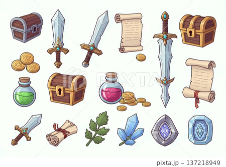 ファンタジーゲームの武器と道具のアイコン（イラスト・RPG・アイテム・素材） 137218949
