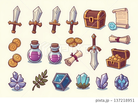 ファンタジーゲームの武器と道具のアイコン（イラスト・RPG・アイテム・素材） 137218951