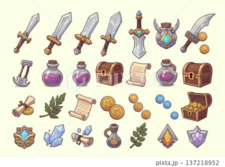 ファンタジーゲームの武器と道具のアイコン（イラスト・RPG・アイテム・素材） 137218952
