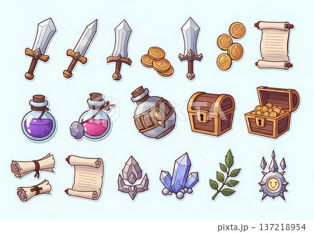 ファンタジーゲームの武器と道具のアイコン（イラスト・RPG・アイテム・素材） 137218954
