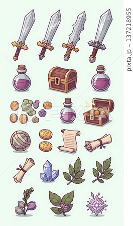 RPGのアイテムセットイラスト（ゲーム・武器・ファンタジー・アイコン） 137218955