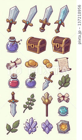 RPGのアイテムセットイラスト（ゲーム・武器・ファンタジー・アイコン） 137218956