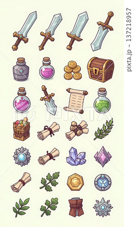 RPGのアイテムセットイラスト（ゲーム・武器・ファンタジー・アイコン） 137218957