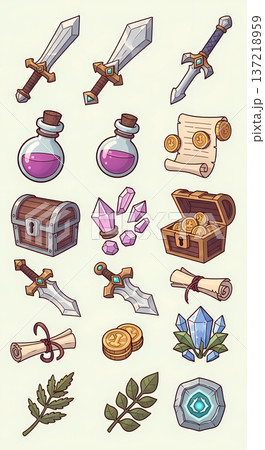 RPGのアイテムセットイラスト（ゲーム・武器・ファンタジー・アイコン） 137218959