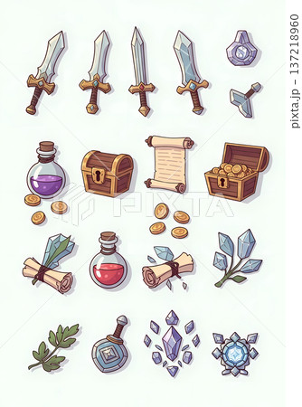 RPGのアイテムセットイラスト（ゲーム・武器・ファンタジー・アイコン） 137218960