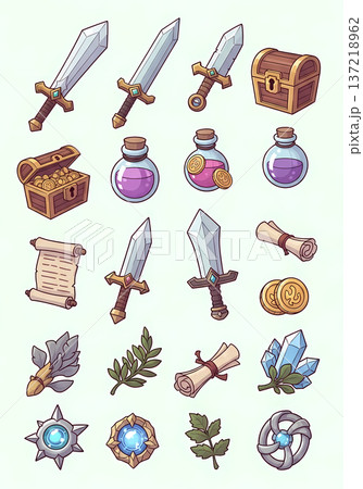 RPGのアイテムセットイラスト（ゲーム・武器・ファンタジー・アイコン） 137218962
