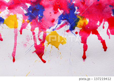 Hand painted watercolor background. Splashes of red, yellow and blue paint on paper texture. Modern art backdrop with copy space, top view Hand painted watercolor background. Splashes of red, yellow and blue paint on paper texture. Modern art backdrop with copy space, top view 137219412