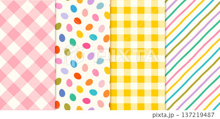 Pastel colors Easter vector seamless pattern set with colorful eggs, stripes and gingham check patterns for spring backgrounds for kids designs 137219487