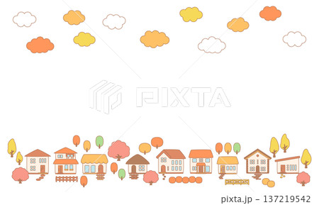 秋の紅葉と町並みのフレーム背景素材_線画 137219542